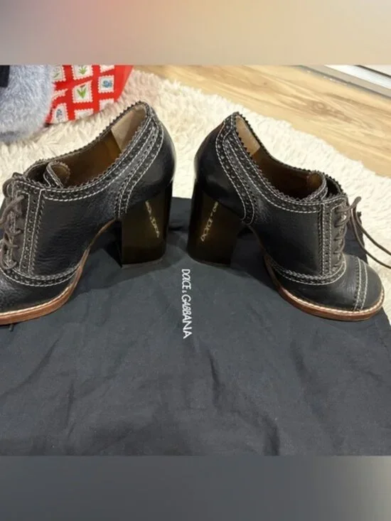 Dolce&Gabbana Brown Patent Leather Lace Up LoaferPumps chunky heels retro - Picture 15 of 16